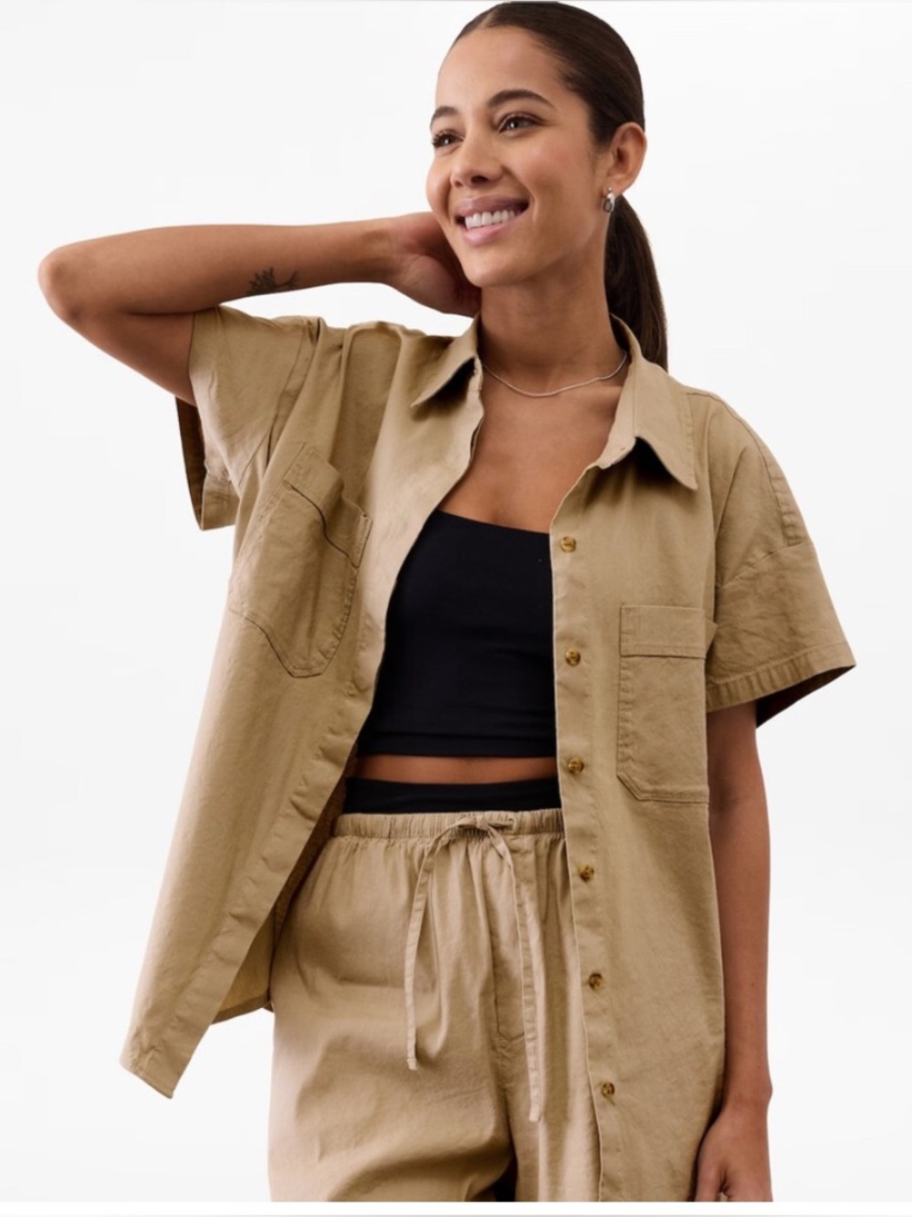Athleta Paradise Oversized Short Sleeve Top XS - Medium Flax Khaki Linen Blend